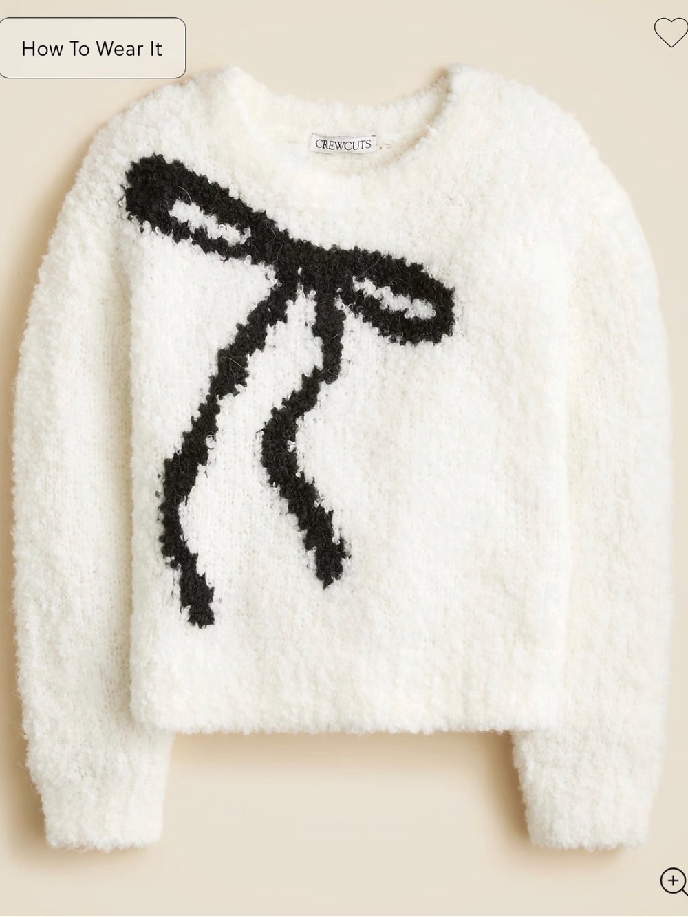 Crewcuts Cream Fuzzy Sweater with Black Bow Motif